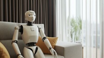 A humanoid robot adjusting curtains in a modern living room, with a clean and stylish interior, Homey style