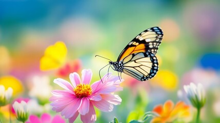 Vibrant butterfly on a pink flower in a colorful garden.