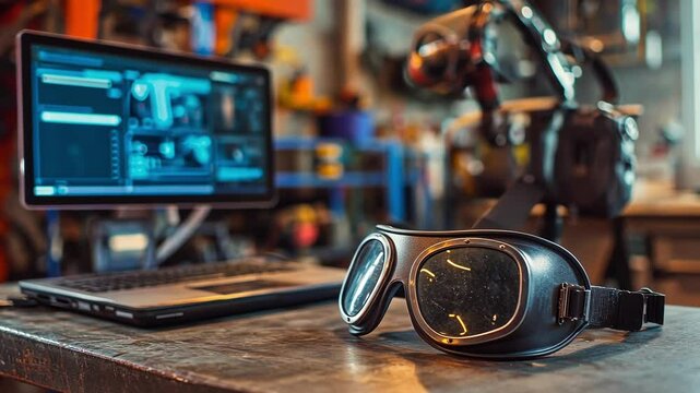 Protective glasses are lying on a workbench with a computer showing code in a manufacturing workshop, suggesting a focus on safety and precision in a technological environment