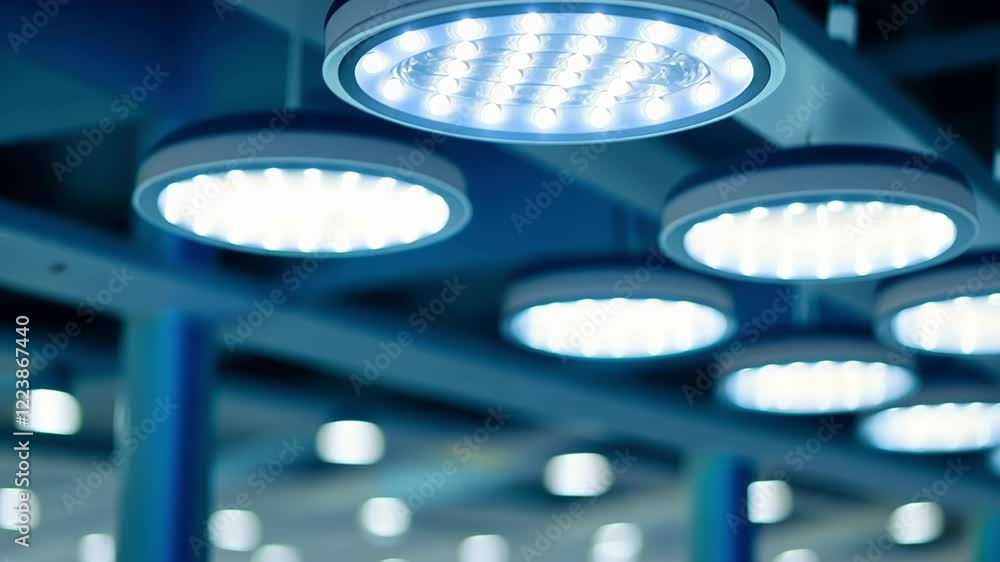 Poster round led ceiling lights are providing bright blue illumination in a large open area, creating a mod