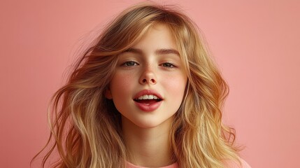 Naklejka premium Playful Child with Blonde Hair Sticking Out Tongue Joyful Expression Soft Pink Background