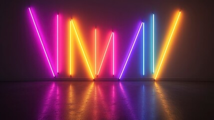 Fototapeta premium Vibrant Neon Light Tubes on Wall Colorful Glowing Lines Abstract Background