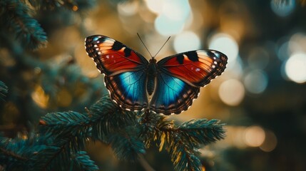 Vibrant butterfly perched on a pine branch, bathed in soft sunlight.