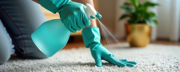 Person in teal-colored gloves sprays carpet cleaner on light beige carpet. Household cleaning task indoors. Focus on hygiene, maintenance. Person likely cleaning at home. Photo shows how to apply