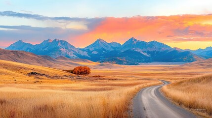 Scenic mountain road at sunset, golden fields, autumn