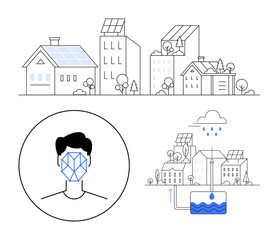Solar-powered houses, rainwater harvesting system, and AI face recognition in circular focus. Ideal for green energy, smart cities, eco-architecture, AI, sustainability, water conservation abstract