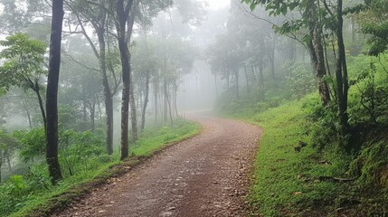 Fototapeta premium Misty morning on a winding forest path. Serene and tranquil.