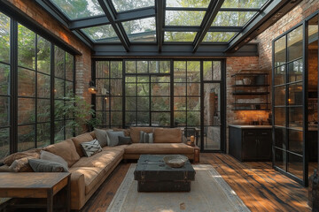 A Sunroom with an Industrial-Style Design Featuring Exposed Beams and Large Windows, Merging Comfort and Modernism