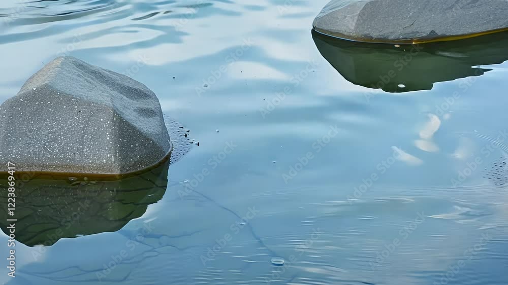 Aufkleber tranquil static video, smooth gray rocks floating on a mirror-like water surface with soft light, pe
