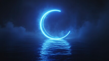 Glowing Crescent Moon Neon Sign Reflecting on Dark Water at Night