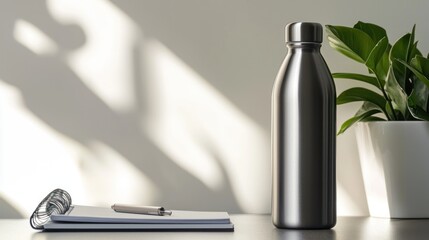 Stylish Stainless Steel Water Bottle on Desk with Notepad and Pen