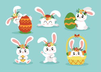 Adorable easter bunny set. Set of 6 cute bunnies with easter eggs and flower. 