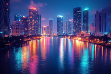 Fototapeta premium A Bustling City Skyline at Night with Skyscrapers Illuminated, Capturing the Vibrancy of Urban Life