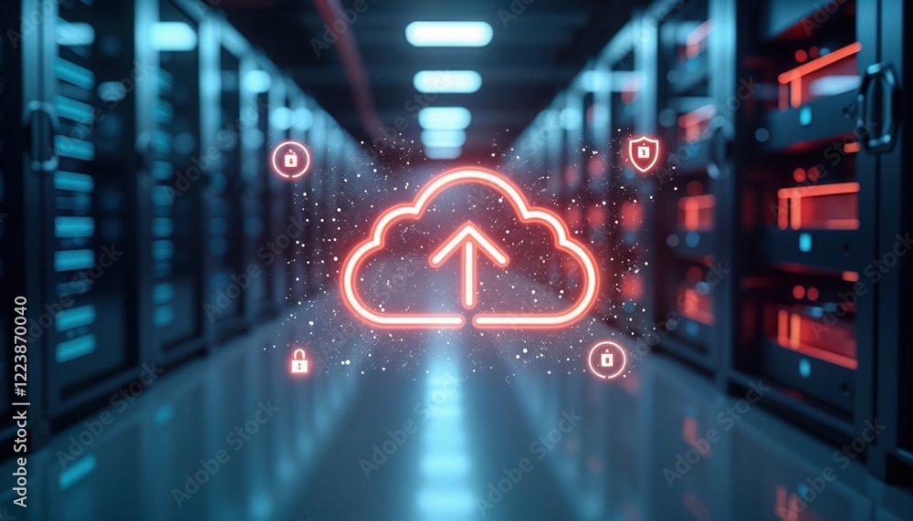 Poster Futuristic server room cloud backup concept. Data transfer process visualized with glowing cloud symbol. Modern tech in secure server environment. Digital disaster recovery system. Data protection