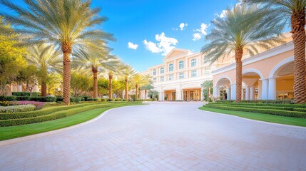 Resort entrance, palm trees, sunny day, paved driveway.  Website banner
