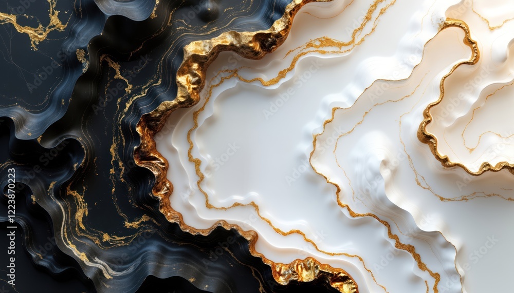 Aufkleber Abstract black, white background with gold accents. Complex layers of textured material create depth, visual interest. Intricate design suggests luxurious aesthetic. Unique patterns reminiscent of