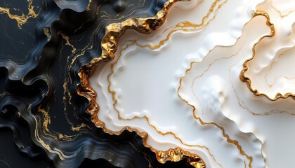 Obraz premium Abstract black, white background with gold accents. Complex layers of textured material create depth, visual interest. Intricate design suggests luxurious aesthetic. Unique patterns reminiscent of
