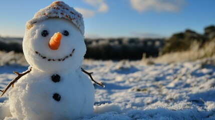 Obraz premium Adorable snowman in a knitted hat, enjoying a snowy landscape. Winter wonderland!
