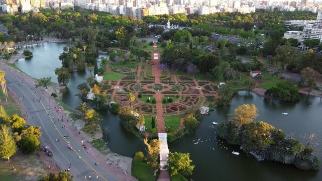Stunning aerial video showcasing the charming Bosques de Palermo in Buenos Aires, with views of the Rosedal, elegant buildings, and the vibrant neighborhood.