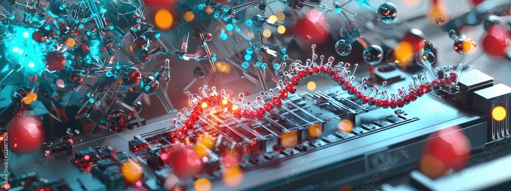 Poster a dna strand being analyzed by a high-tech bioinformatics platform.