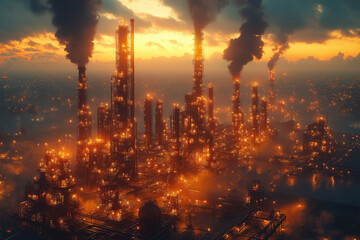 Obraz premium A Towering Industrial Oil Refinery with Giant Storage Tanks and Complex Machinery