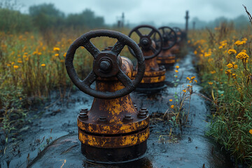 Fototapeta premium A Close-Up View of Rusted Oil Pipeline Valves, Showing the Effects of Time and Weather on Industrial Equipment