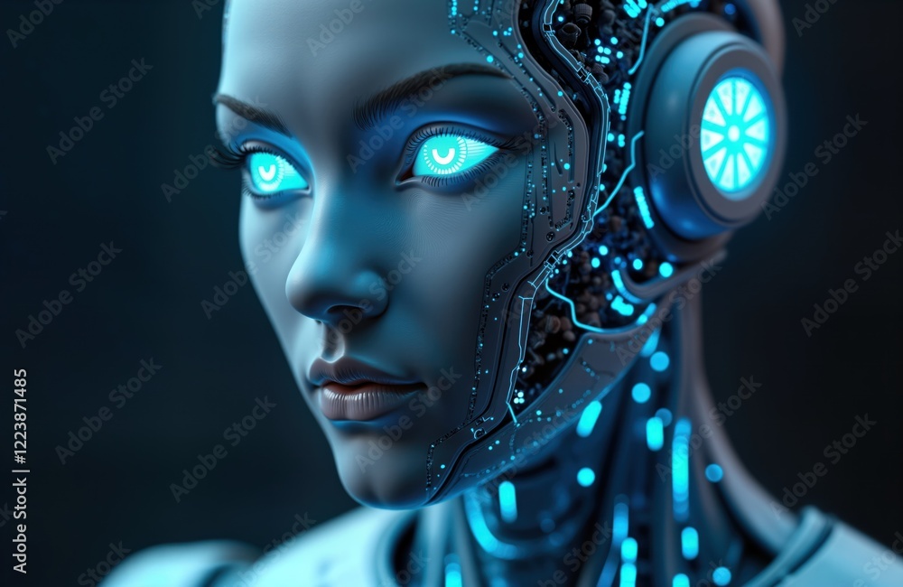 Aufkleber Futuristic robot female face. Tech cybernetic design. Intelligent virtual assistant. Modern AI application. Smart robot software. Future tech concept. Digital conversation interface. Cyberspace