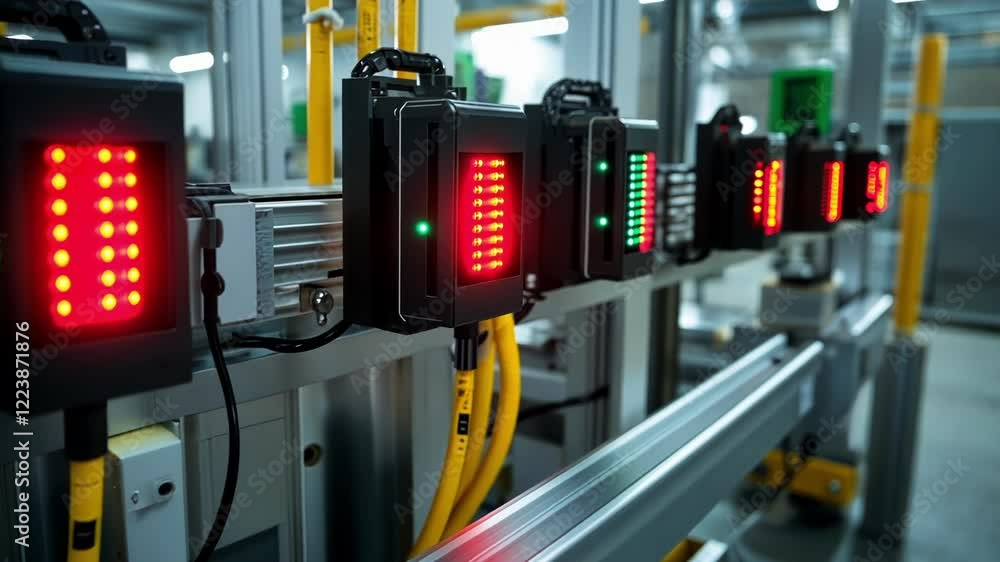Poster automation sensors featuring led indicators are displaying the status of the manufacturing process o