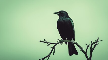 Fototapeta premium Blackbird perched on a bare branch against a monochromatic green sky