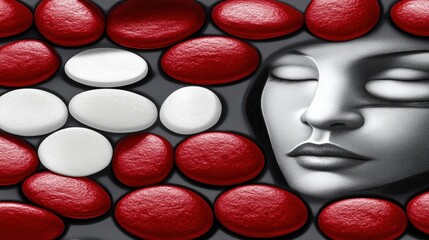Serene Face Amidst Red and White Stones: A Visual Meditation on Tranquility and Balance