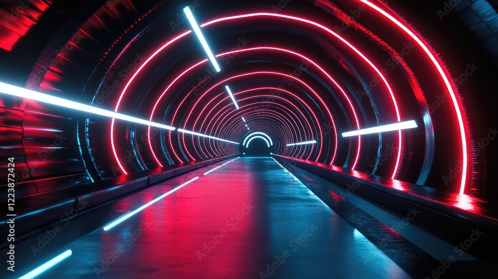 Poster abstract arcs of neon light in red and cyan, converging dynamically into a vortex of motion.