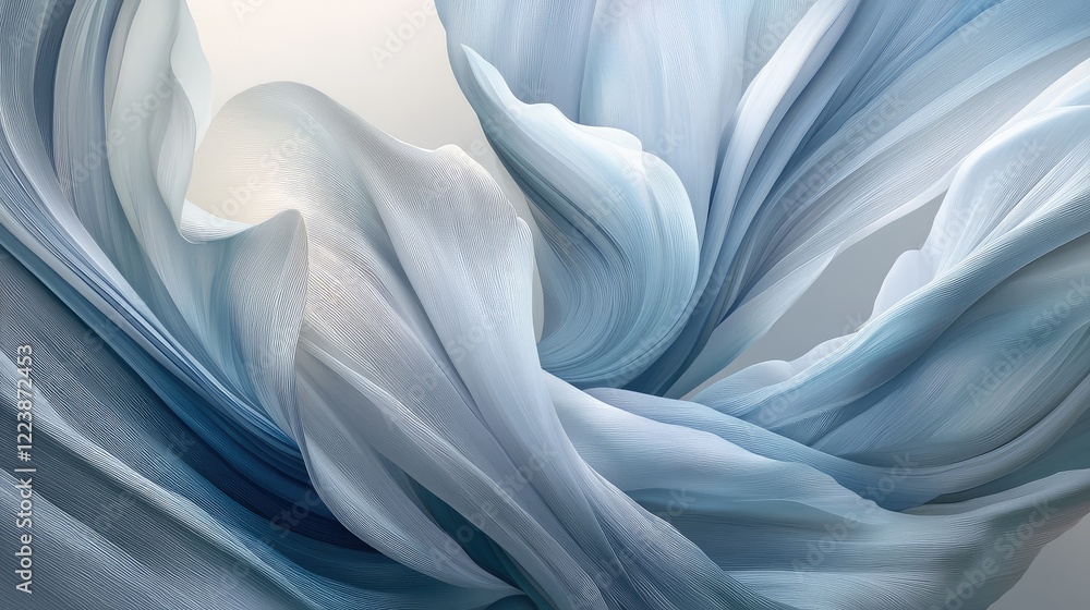 Poster abstract blue and white waves intertwining, creating a serene and fluid design on a gradient gray ba