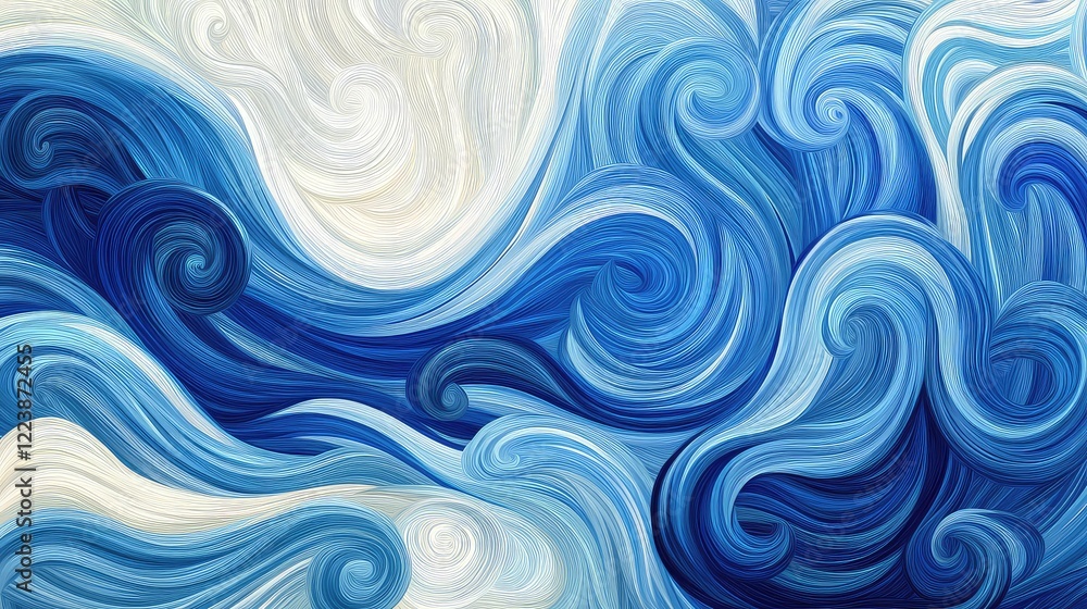 Poster abstract blue and white waves intertwining, creating a serene and fluid design on a gradient gray ba