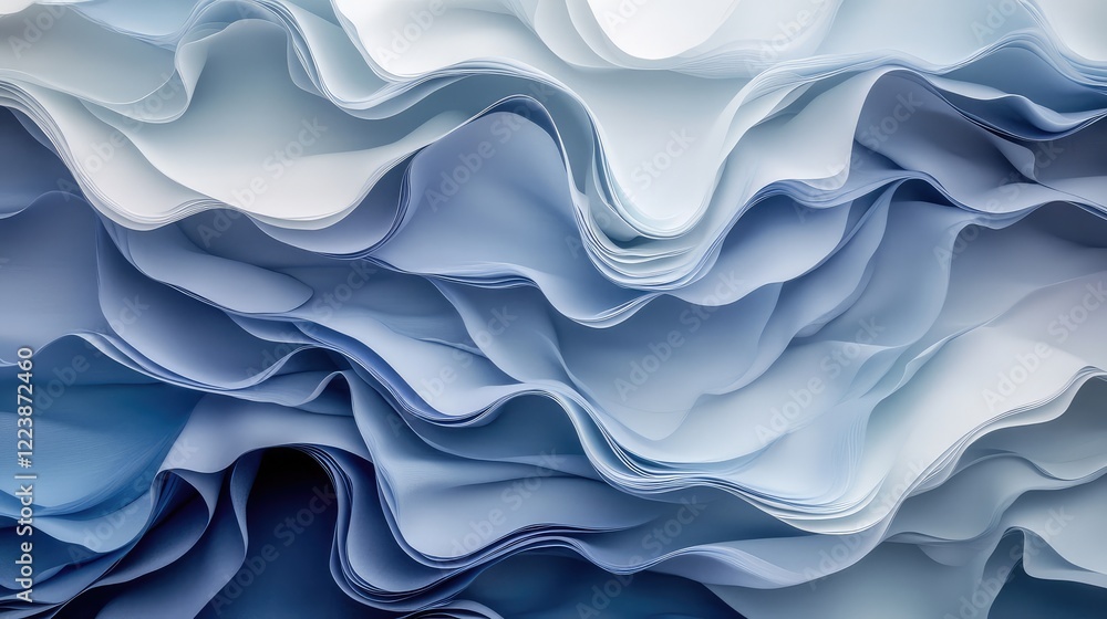 Poster abstract blue and white waves intertwining, creating a serene and fluid design on a gradient gray ba