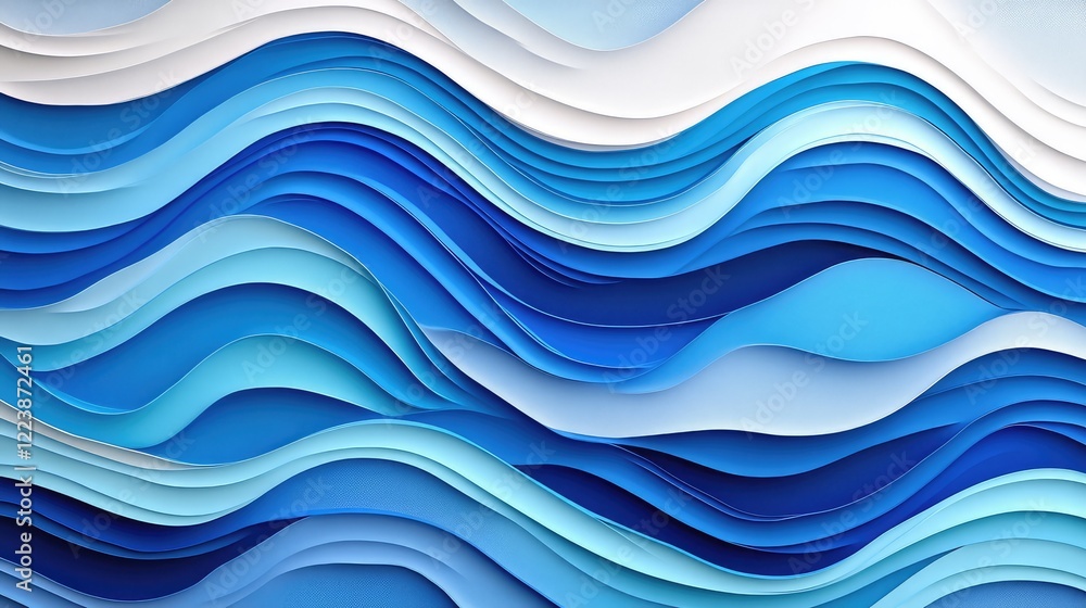 Poster abstract blue and white waves intertwining, creating a serene and fluid design on a gradient gray ba