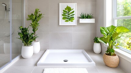 Modern bathroom shower with plants, natural light