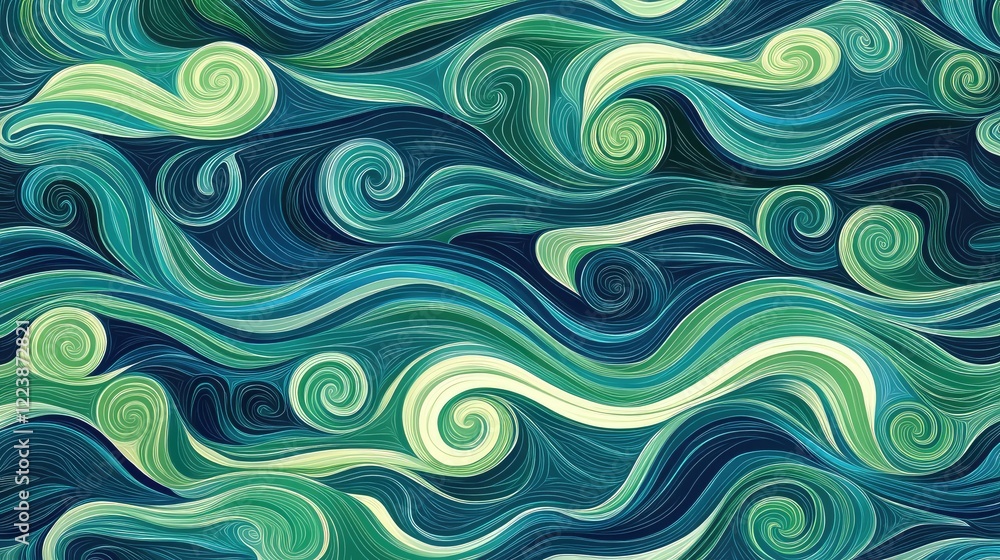 Poster abstract waves with gradient blues and greens, creating a cool and refreshing pattern reminiscent of