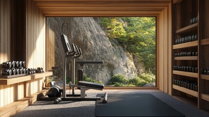A compact fitness area with a multi-functional workout station, neatly stored dumbbells, and a foam mat on the floor.