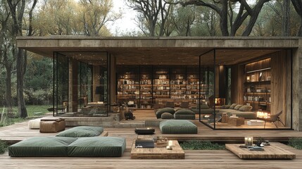 Fototapeta premium Modern Glass Walled Cabin Library Design In Woods