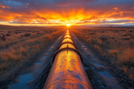 A Pipeline Running Across a Vast Empty Plain at Sunset with Warm Hues and Industrial Grandeur