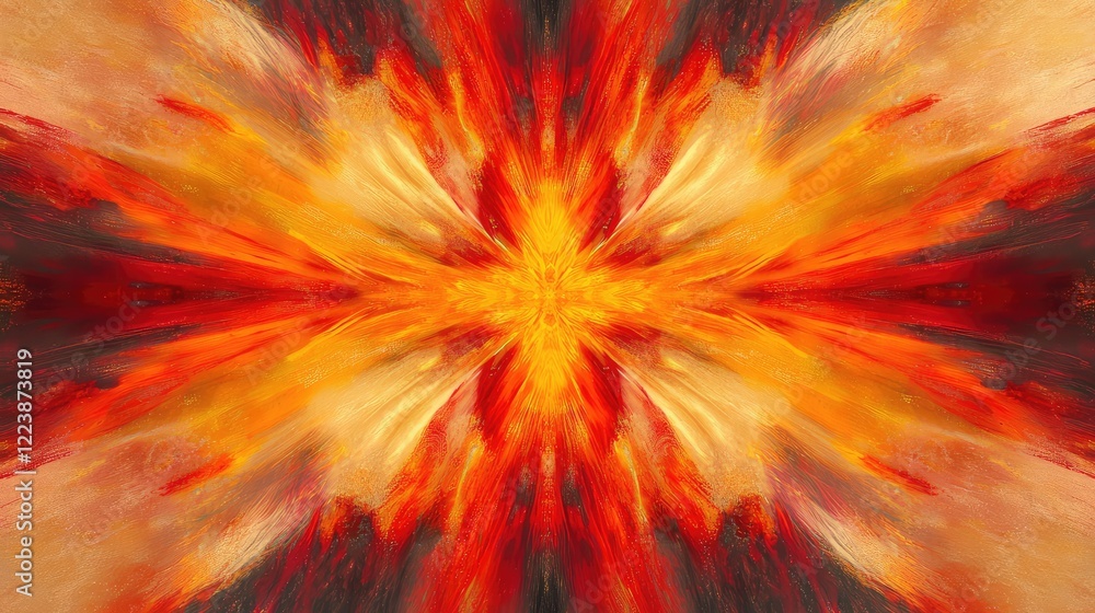 Poster a fiery burst of red and yellow powder, spreading symmetrically and creating an intense visual impac