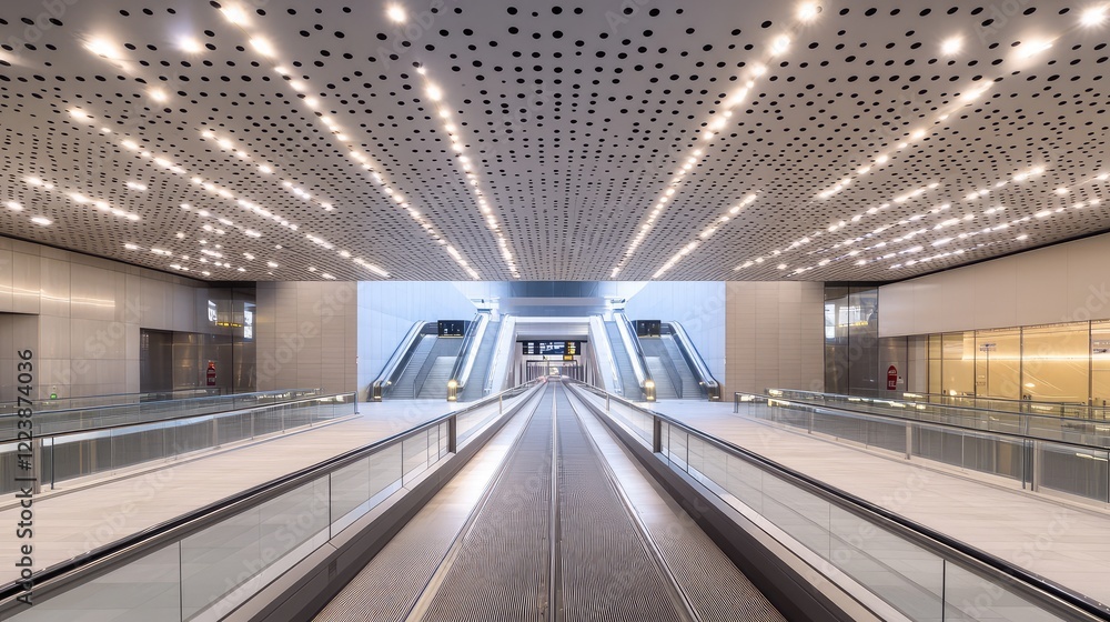 Poster a futuristic urban transit hub with clean architecture, geometric patterns, and soft lighting, creat