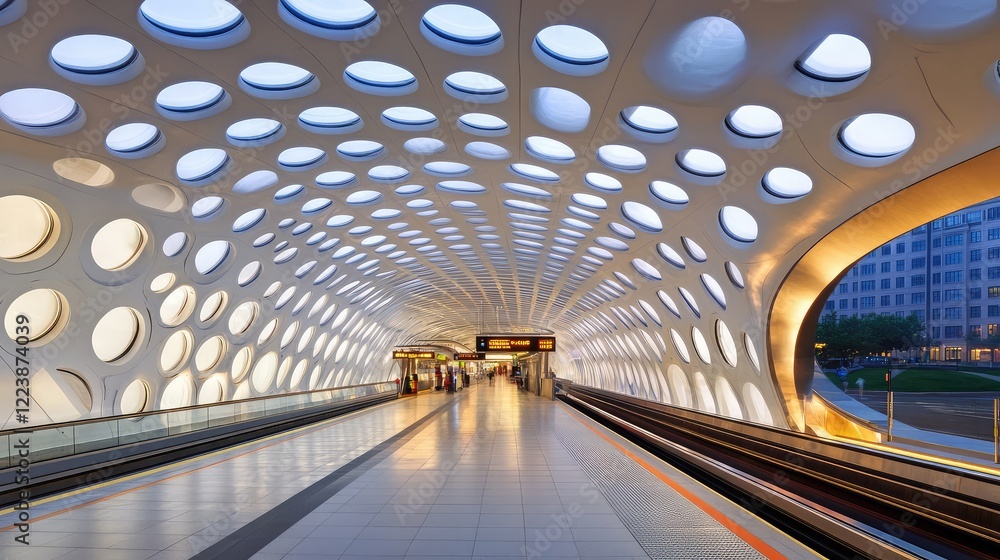 Aufkleber a futuristic urban transit hub with clean architecture, geometric patterns, and soft lighting, creat