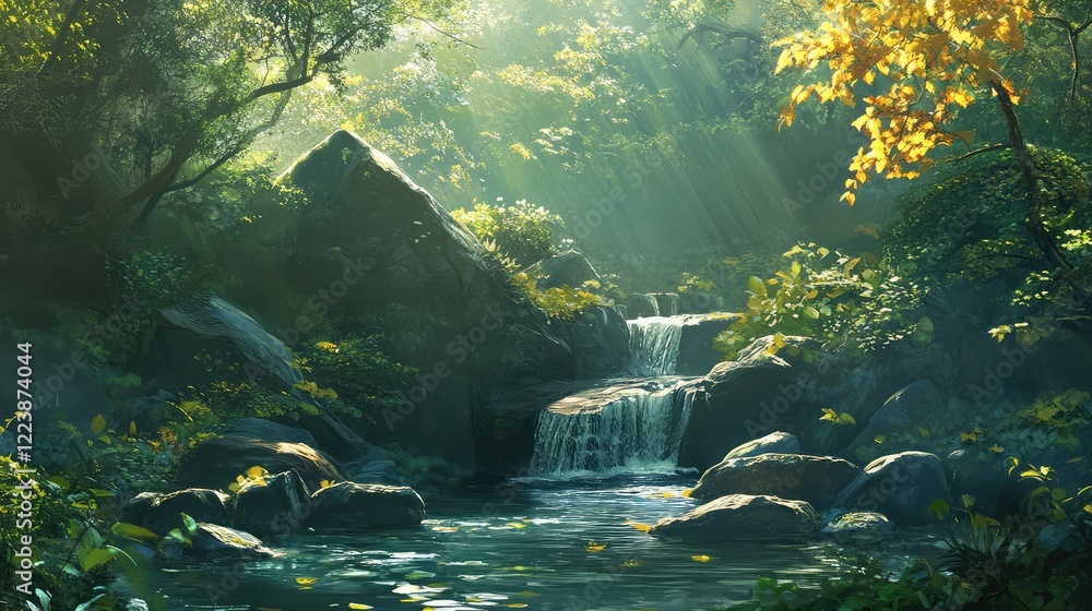 Poster a gentle stream cascading down a series of smooth rocks in a quiet forest, surrounded by vibrant aut