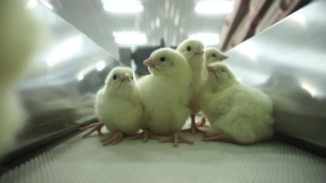 day old chicks cute on the conveyor