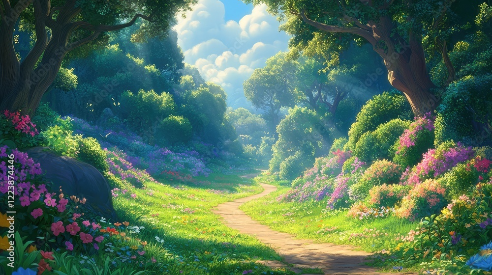 Poster a lush meadow bordered by a dense forest, with sunlight streaming through the trees and illuminating