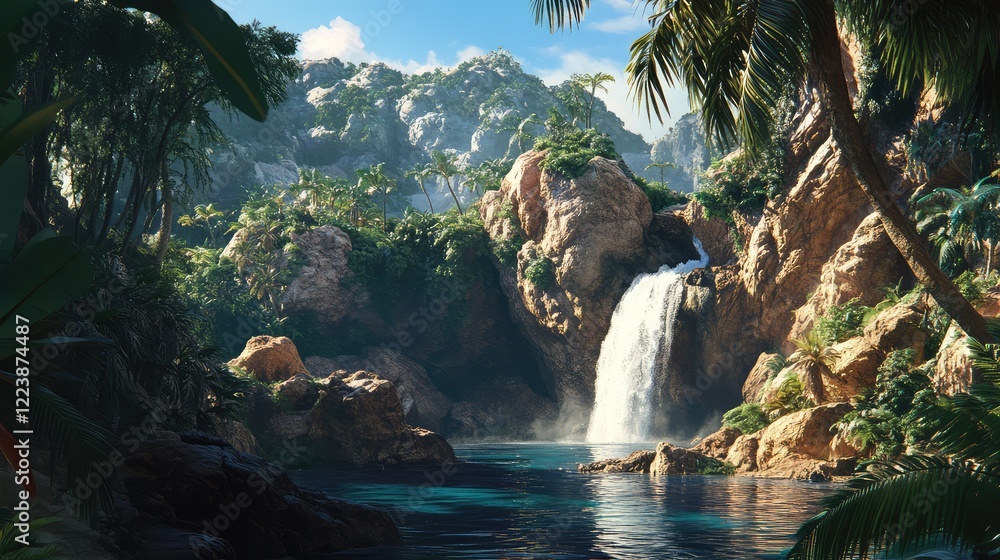 Poster a majestic waterfall flowing over a rocky ledge into a deep pool, with lush green trees and ferns cr