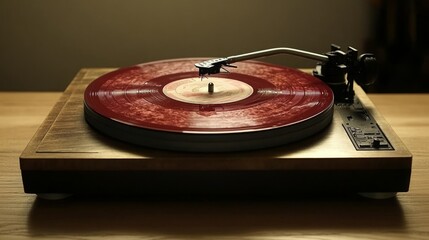 Obraz premium A dark red vinyl record plays on a turntable with a wooden base.
