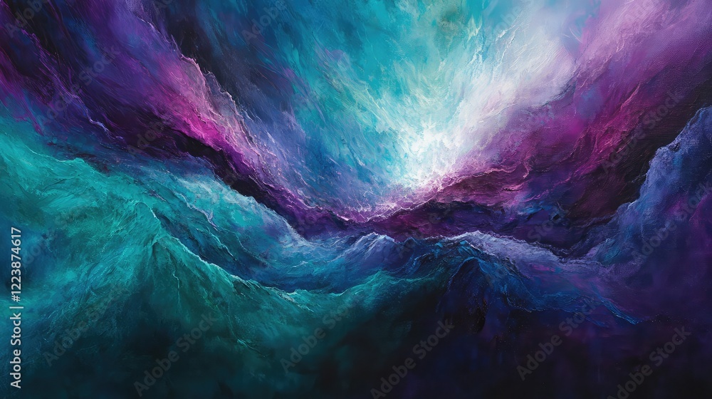 Poster a mesmerizing color explosion of purple, teal, and magenta powders blending in mid-air, creating a d