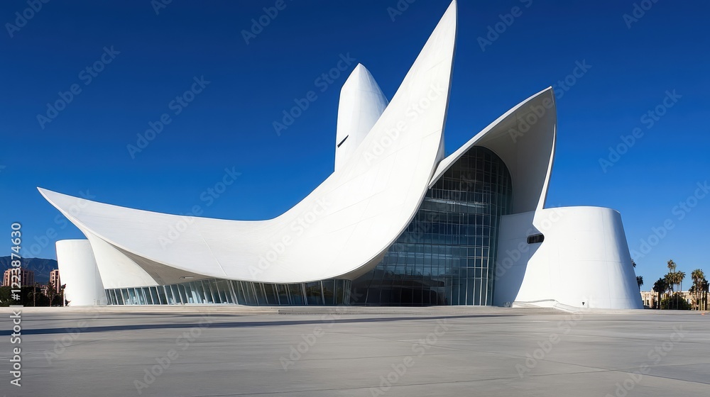 Poster a minimalist architectural design showcasing white concrete buildings with sharp angles against a cl